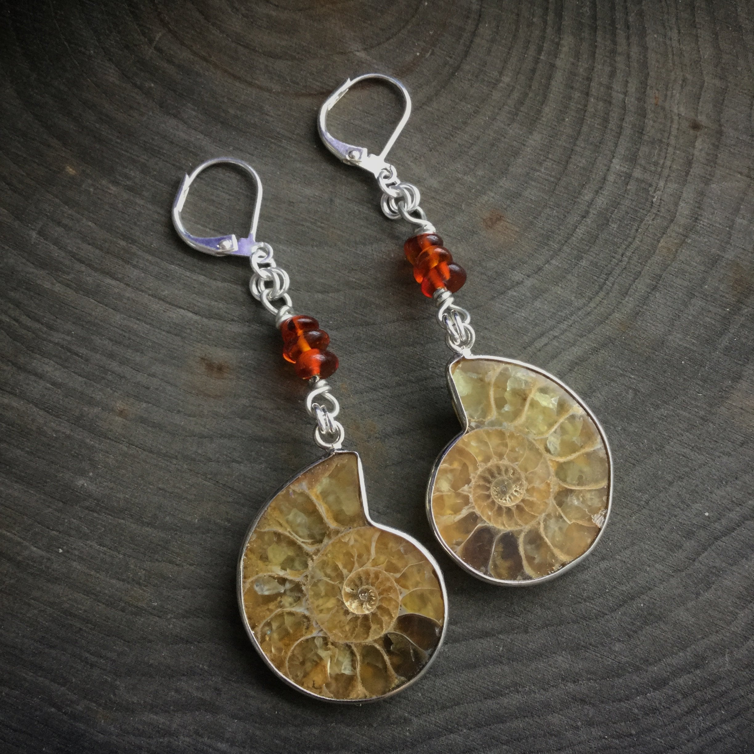 Ammonite Fossil earrings, with Genuine Amber beads