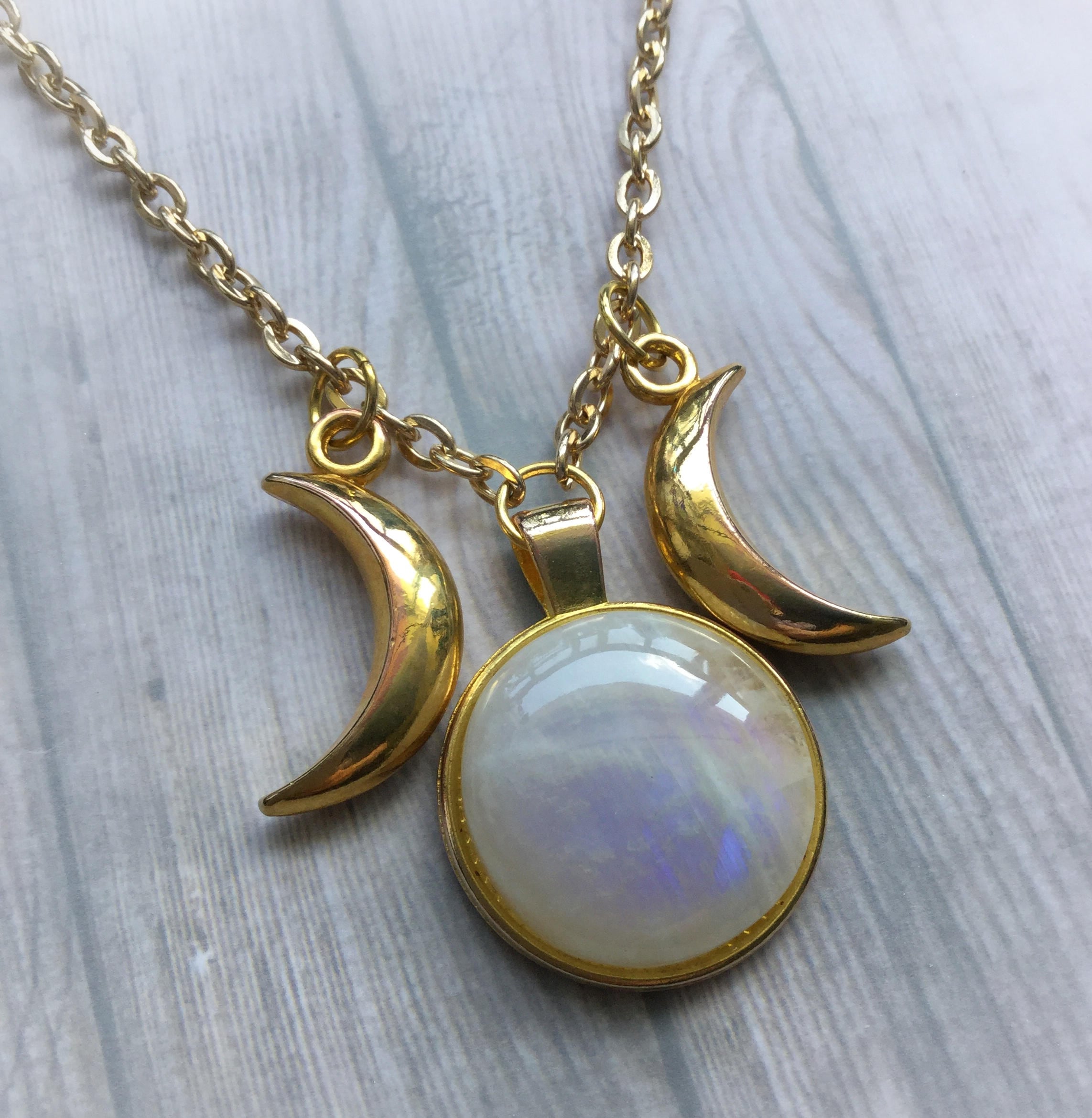 SALE Rainbow Moonstone Triple Goddess necklace, Gold tone