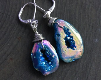 Gemstone earrings, Rainbow Titanium agate druzy slice, dark blue oil slick