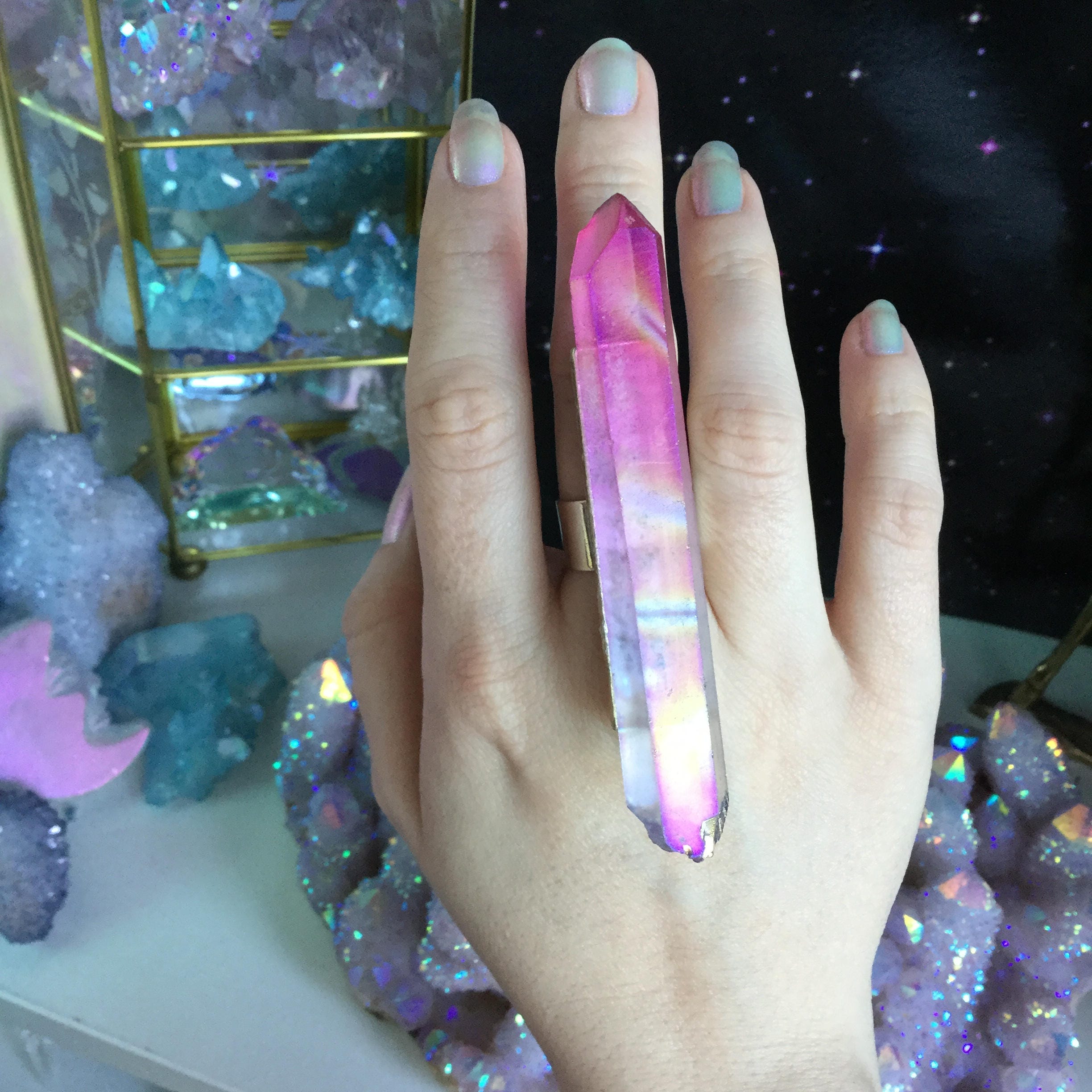 Crystal Ring, Large Aura Quartz, 3.5 Titanium Angel Aura, Adjustable ring