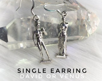 Venus de Milo and David Statue Art SINGLE EARRING in silver pewter or gold plated