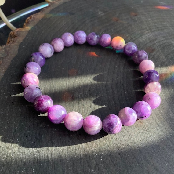 Charoite Bracelet, Stretchy beaded purple stone, 8mm gemstone beads