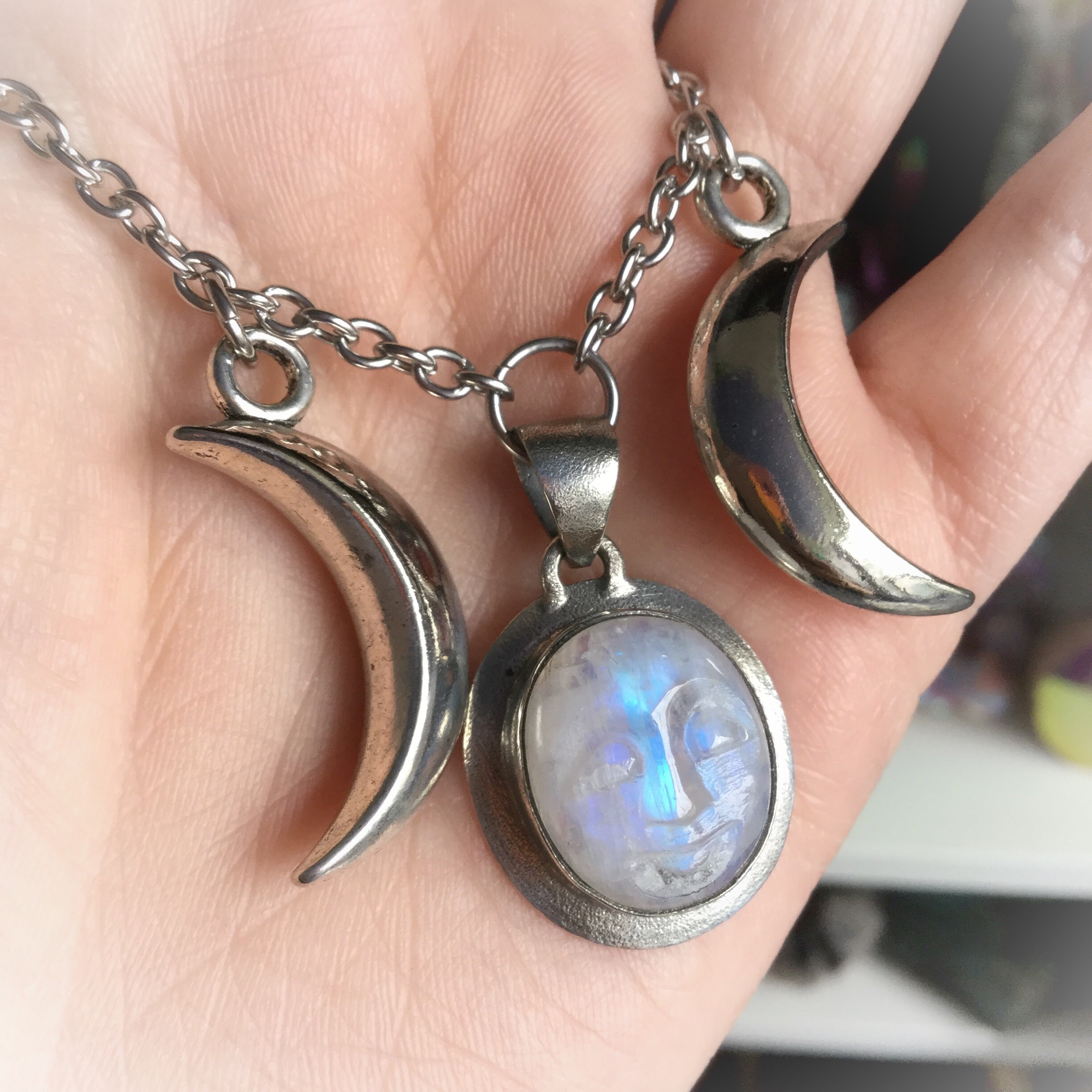 SALE Moonstone Goddess face Triple Moon necklace