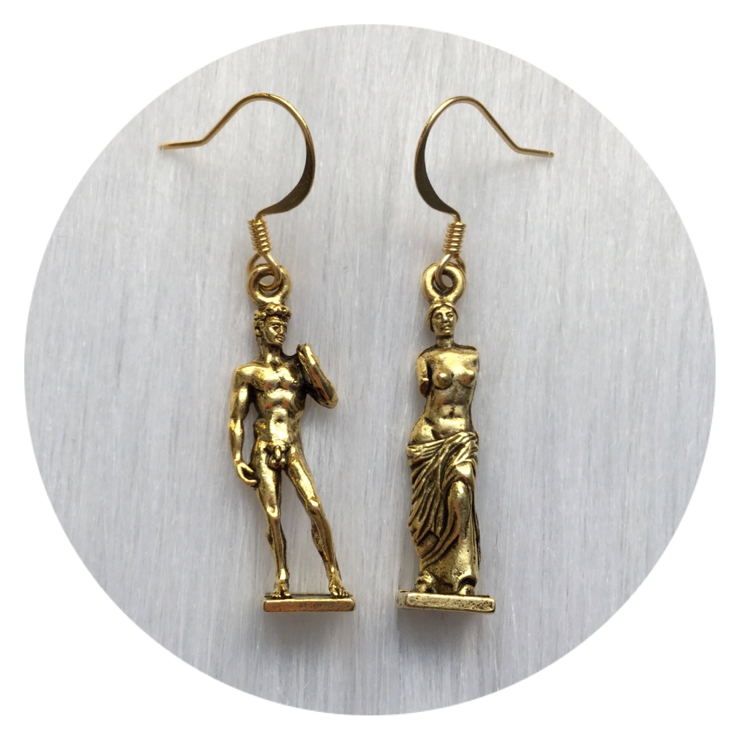 David and Venus de Milo Art earrings in silver pewter or gold plated, (leave qty as 1 to receive one pair)