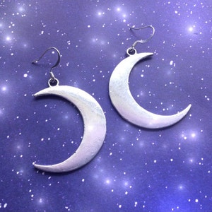 Large Silver Crescent Moon Earrings, Witch Jewelry, pierced ears or clip on, sterling silver hook option