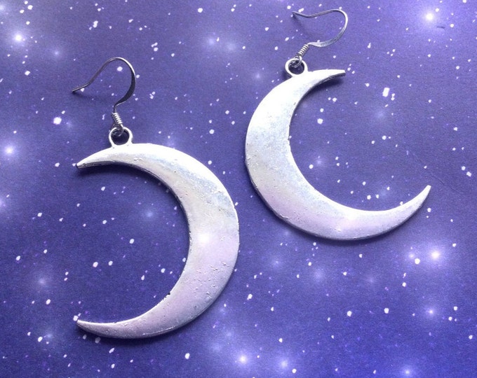Large Silver Crescent Moon Earrings, Witch Jewelry, pierced ears or clip on, sterling silver hook option