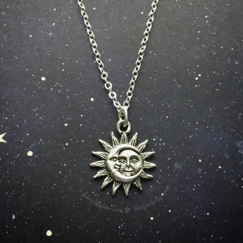 Gold Sun and Moon Charm Necklace, soulmates, Gift for her Silver