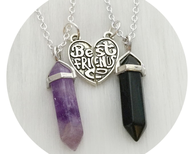 Best Friends Crystal necklaces, friendship necklace set 1.5” crystal, 23mm charm (silver tone)