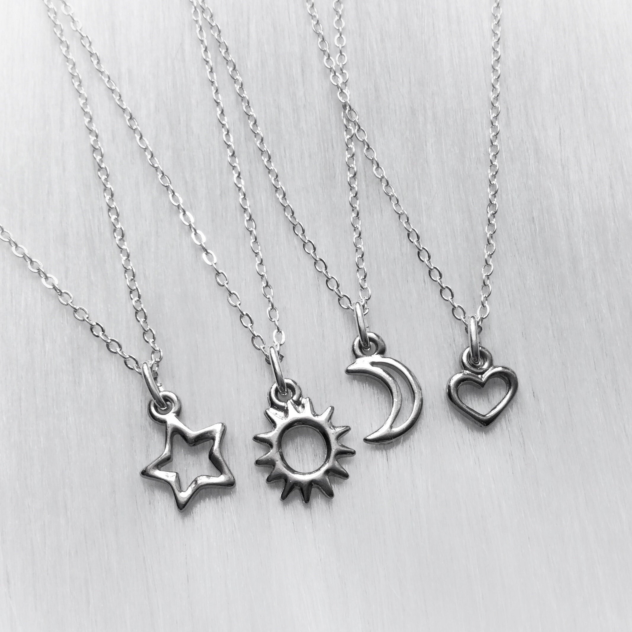Silver Friendship necklaces, Sun Moon Star and Heart, set of two, three or four, dainty 18" silver plated chain