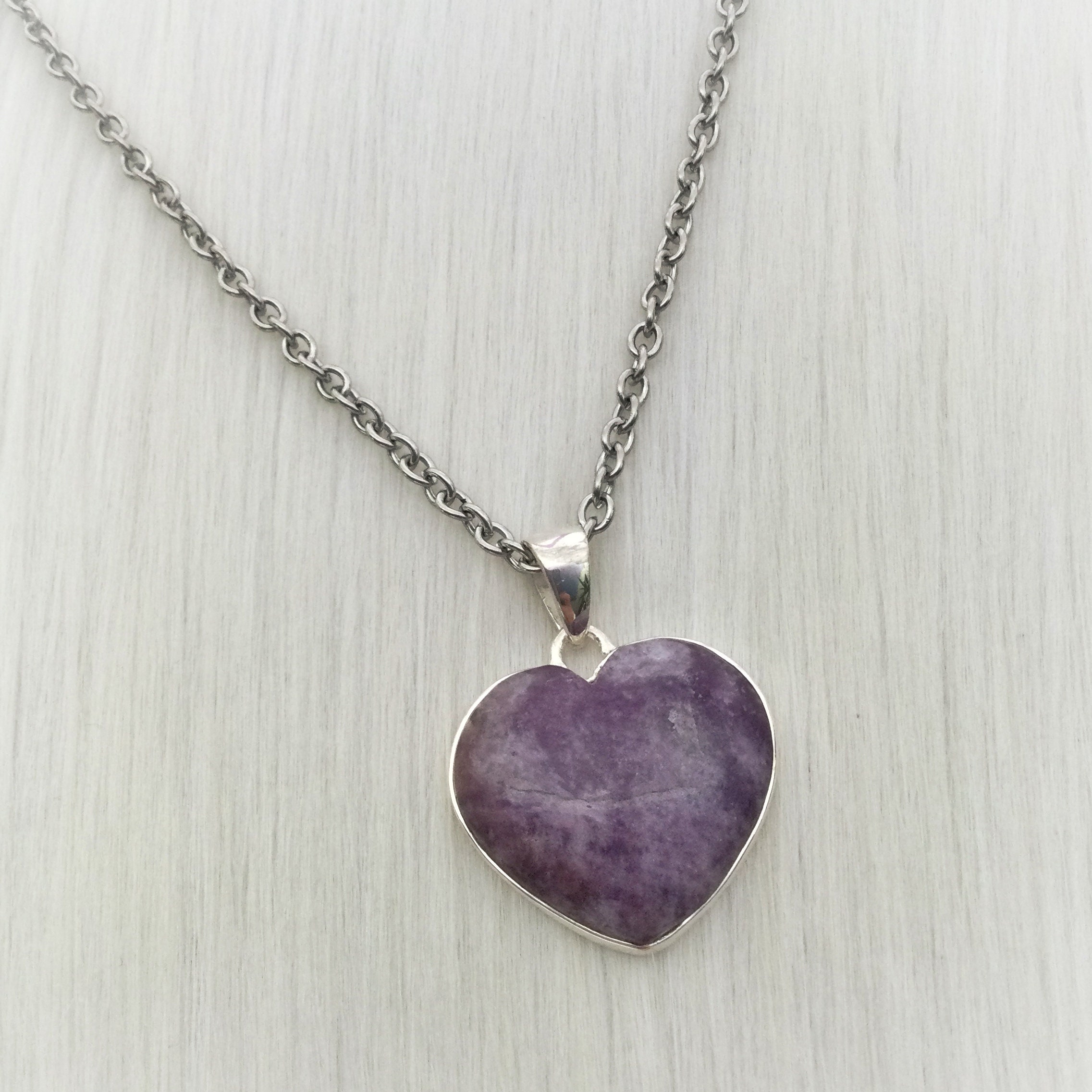 Lepidolite Heart Necklace, Sterling Gemstone Pendant With