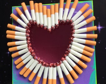 Stash Box, Wood box with heart shaped window, purple, teal and neon green with cigarette art