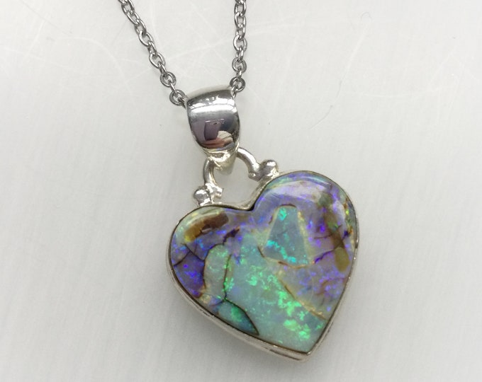 Monarch Opal Heart necklace, sterling silver pendant with stainless steel chain,