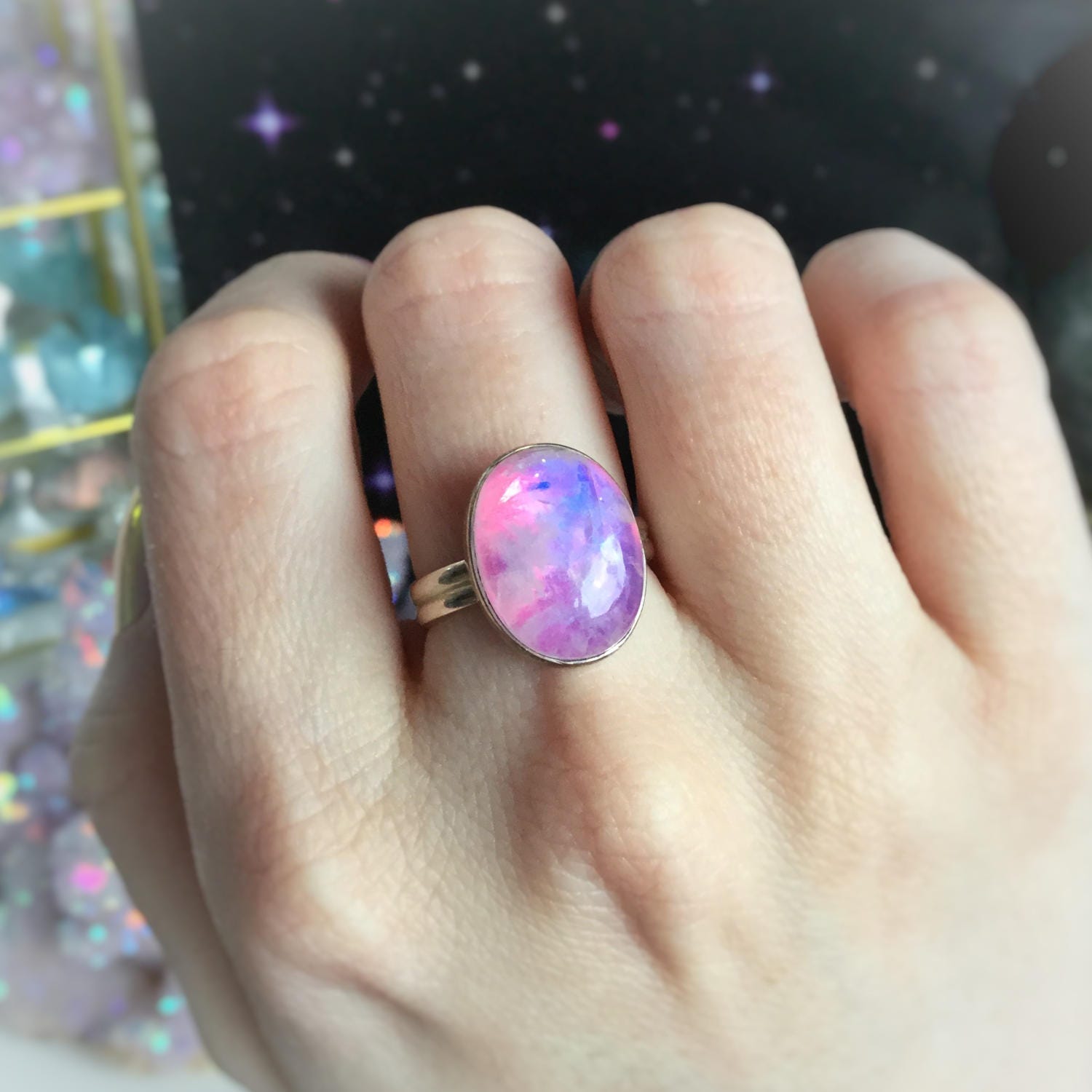 SALE Moonstone ring, Pink rainbow moonstone, size 5 crystal gemstone