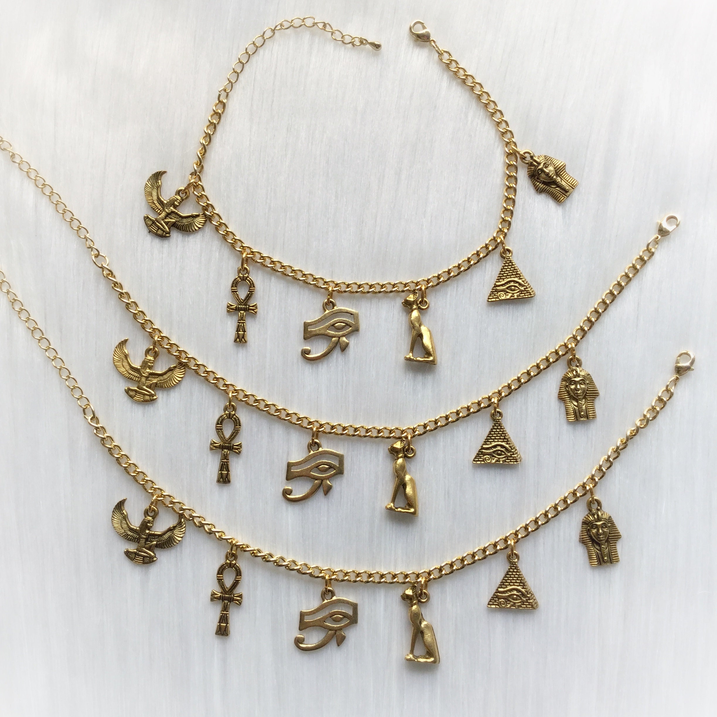 Egyptian Charm Bracelet, Eye of Ra, Winged Goddess Pyramid, Bastet