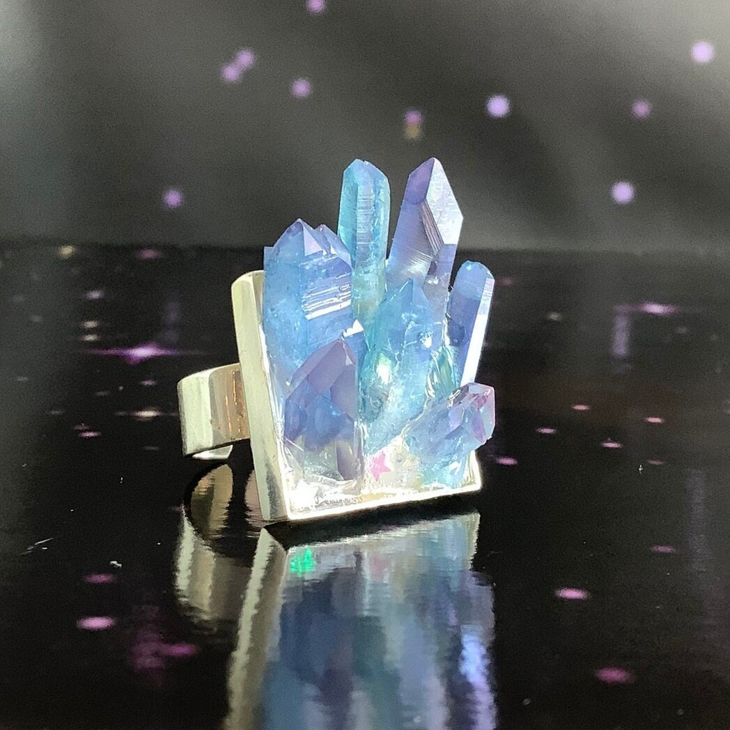 Adjustable Crystal ring, Aqua Aura, Vera Cruz Amethyst and Tanzine Aura  Crystal Quartz druzy ring