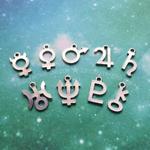 Set of Planet Symbol Glyph charms, set of 9, gold or silver 18mm tall