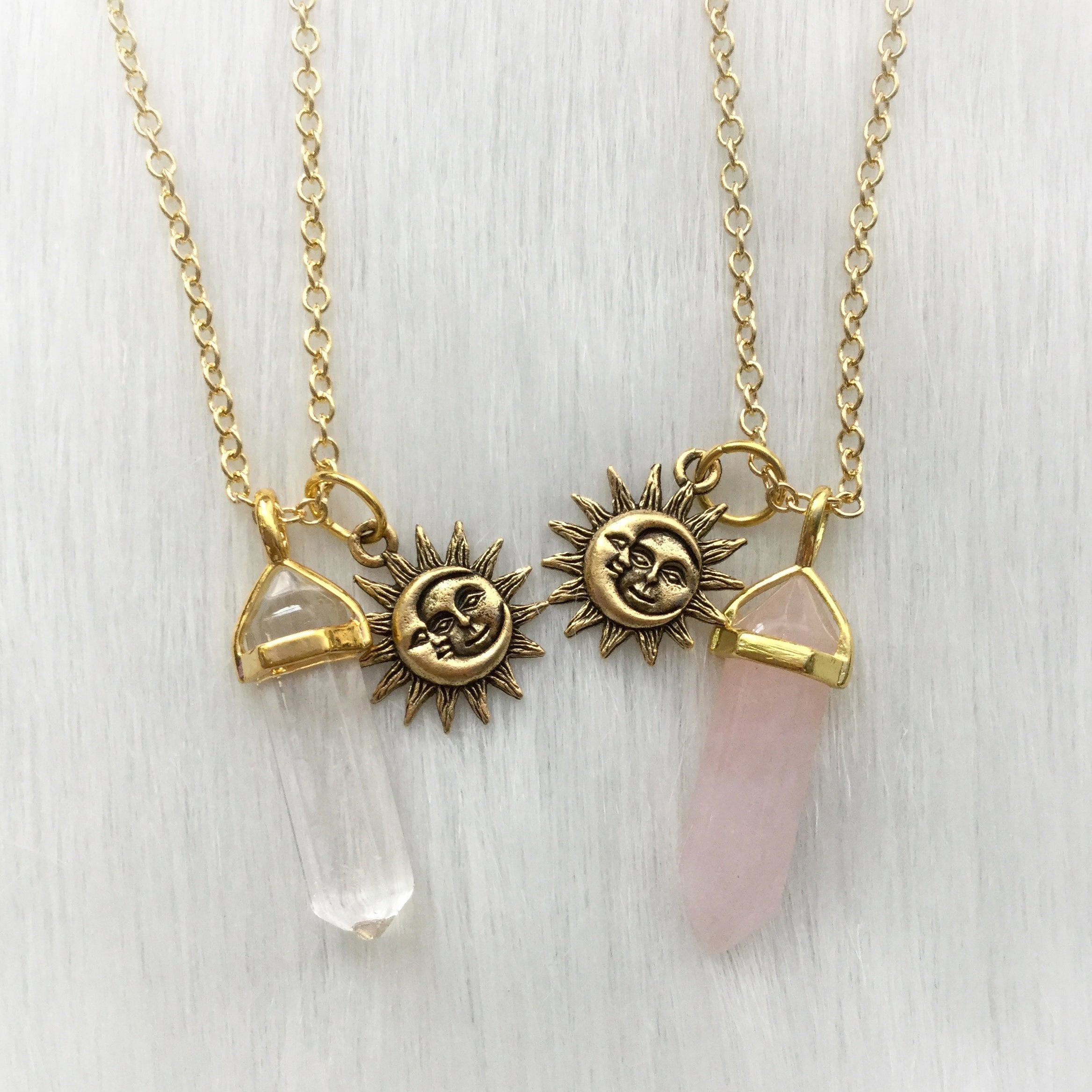Set of 2 Gold Plated Stainless Steel Best Friend Moon and Sun Matching BFF Friendship Necklace for 2 Jewelry Gift