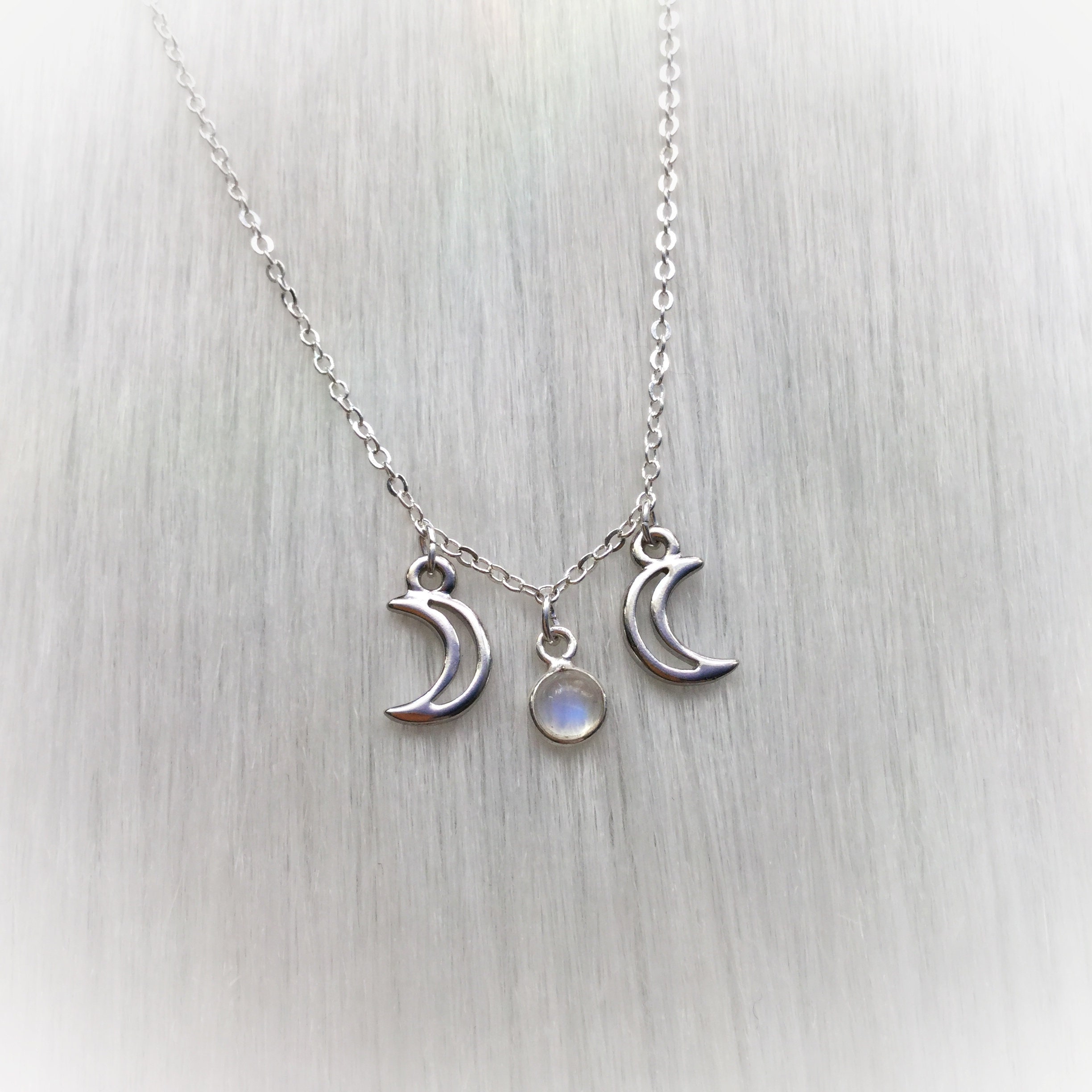 Dainty Rainbow Moonstone Triple Goddess Moon necklace with blue flash