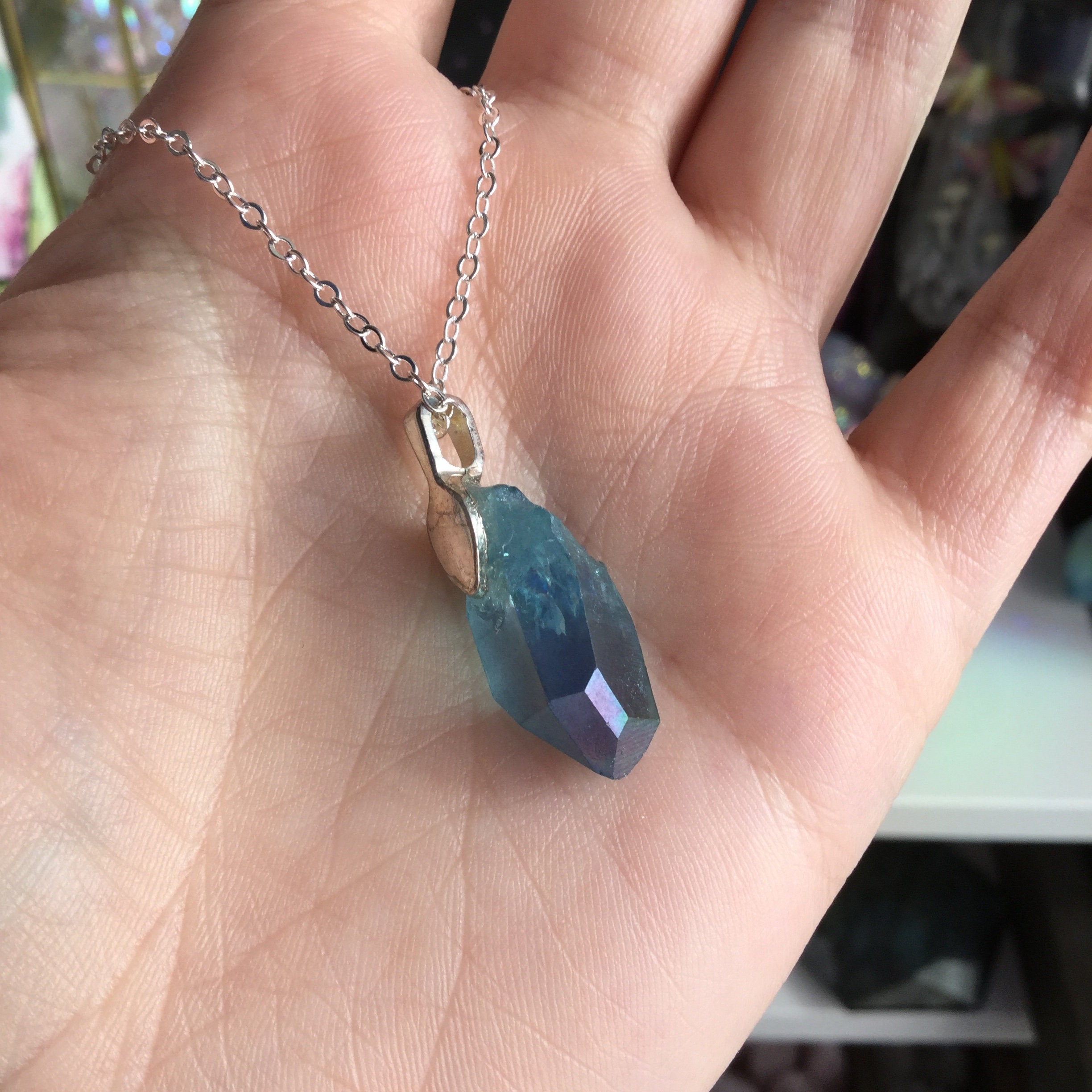 Aqua Aura Raw Crystal necklace, Aura coated Quartz Crystal necklace