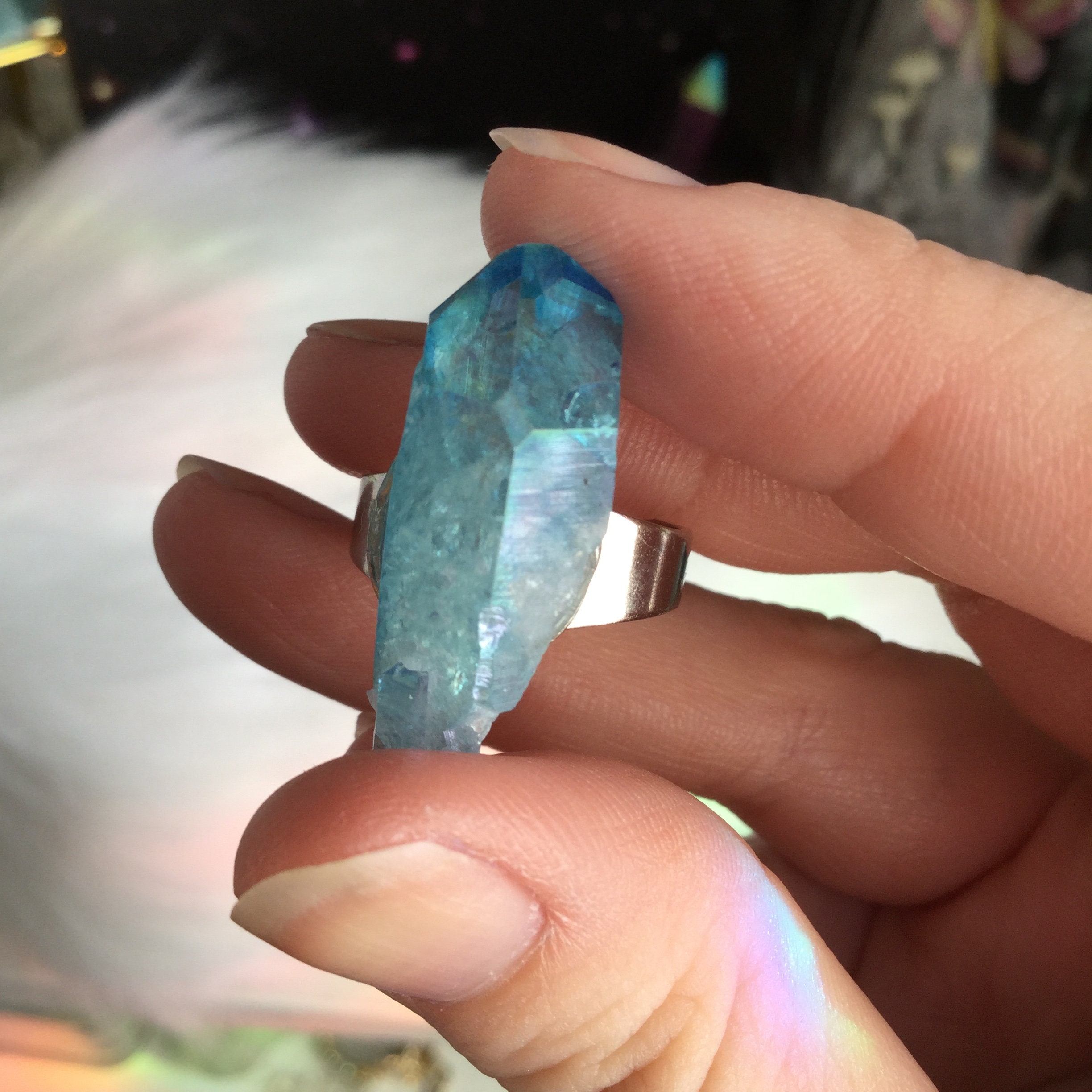 Genuine Aqua Aura Quartz, Raw Crystal silver tone adjustable ring