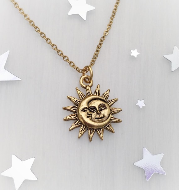 Gold Sun and Moon Charm Necklace, soulmates, Gift for her