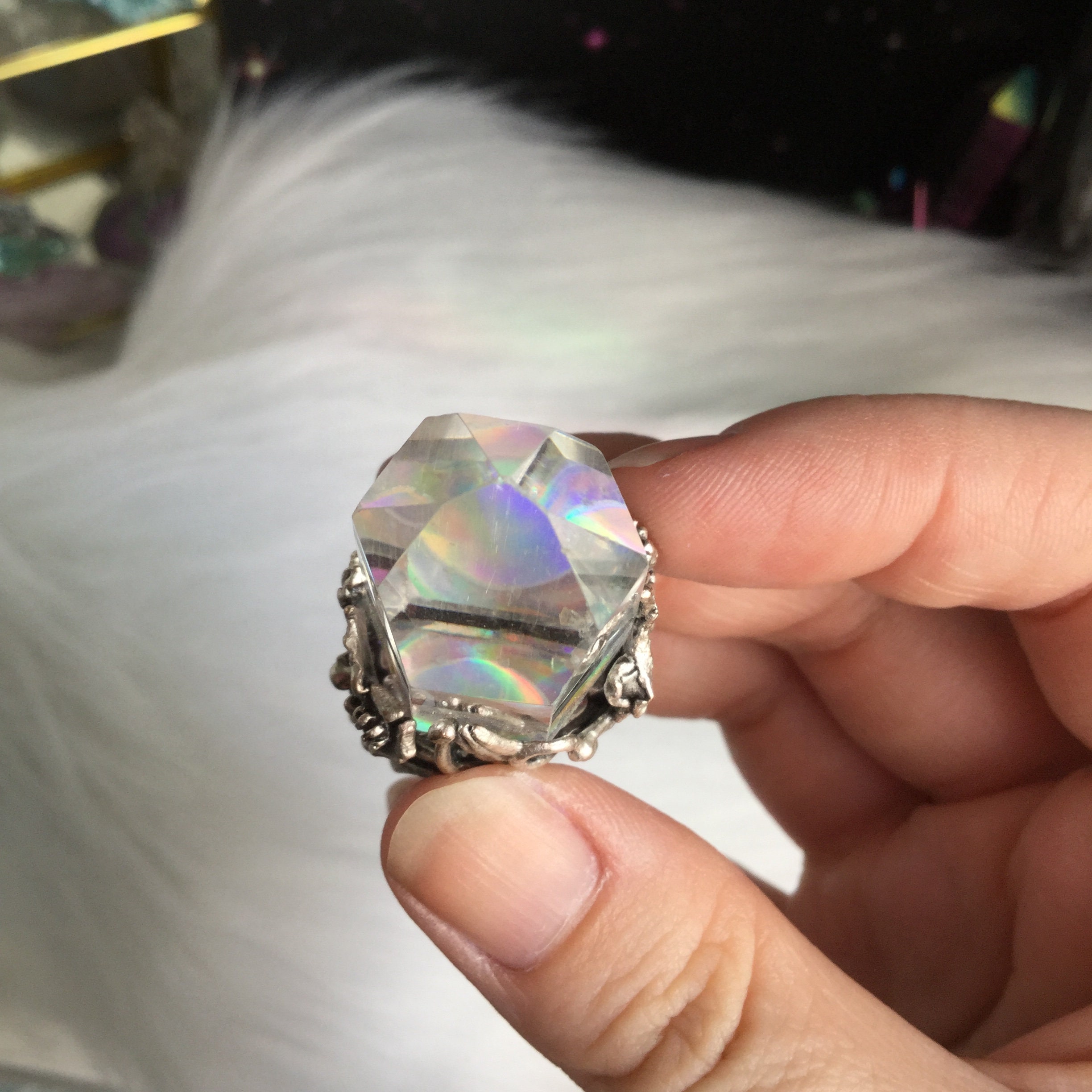 Holographic Clear Quartz ring, adjustable ring