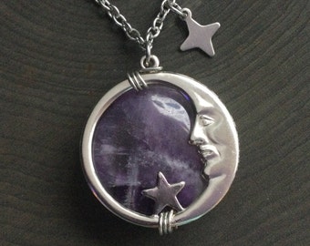 Amethyst Moon face necklace, Man in the Moon, moon and stars, celestial