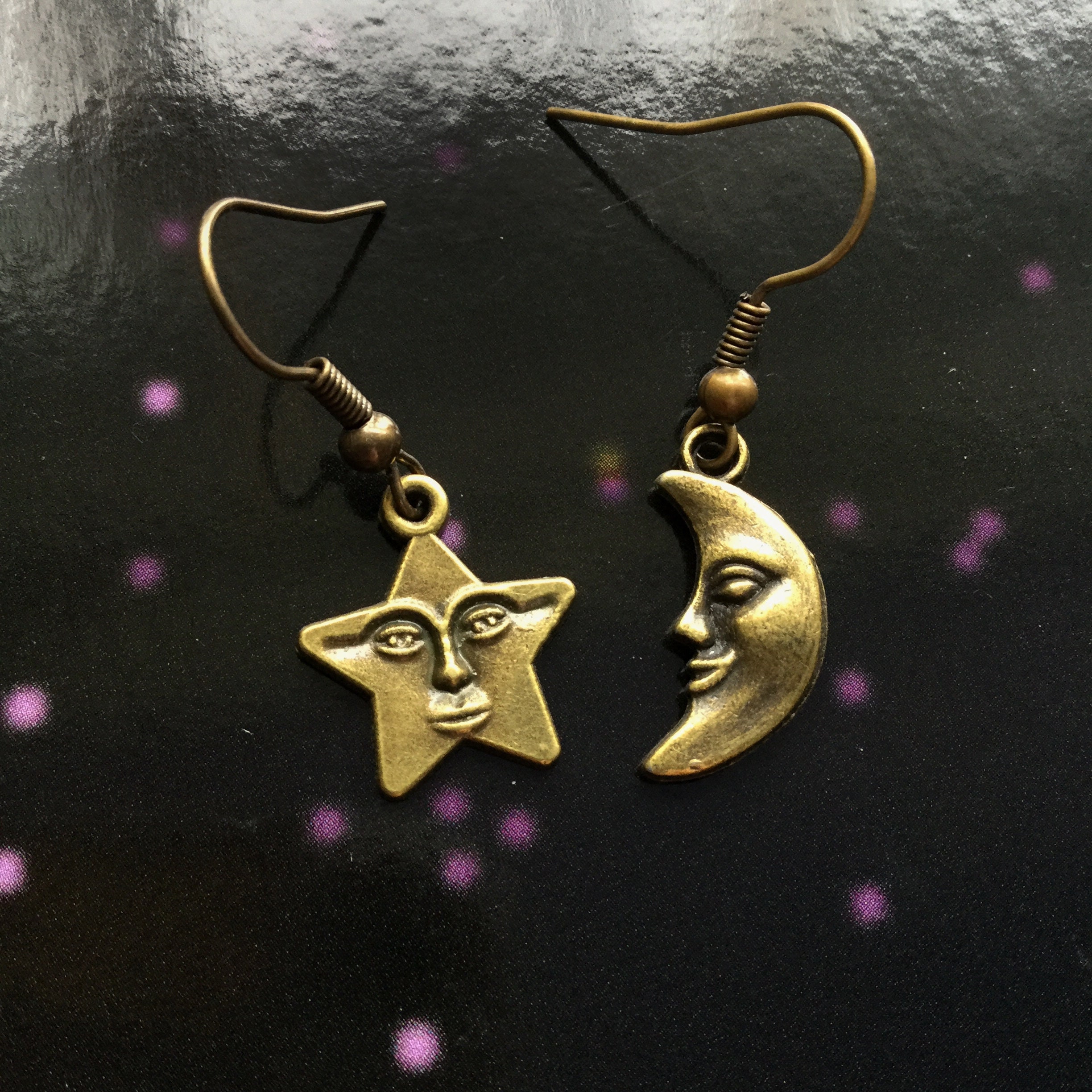 SALE Bronze Moon Star Earrings, mismatched, 90s, sold per pair (leave
