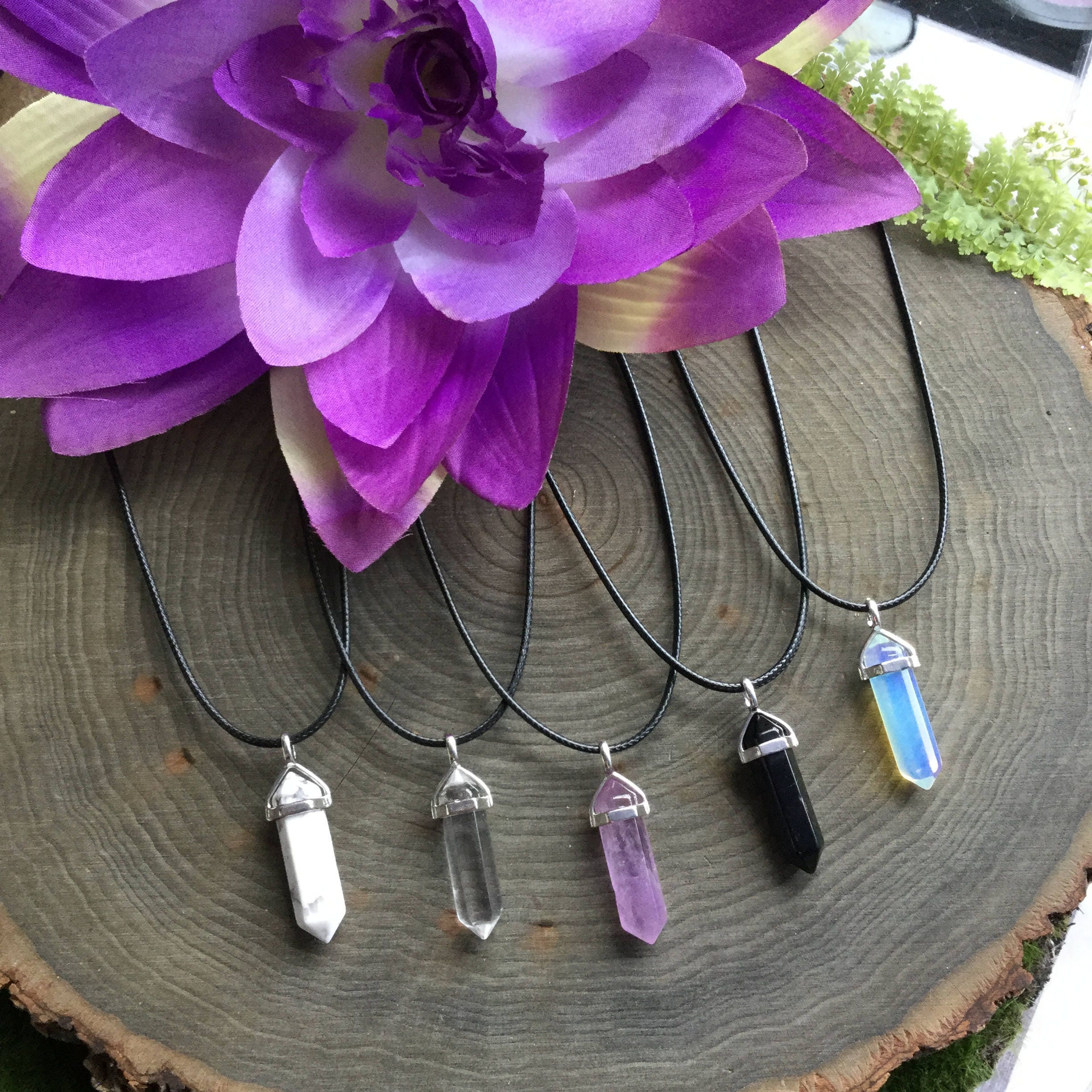 Crystal Necklace, Black Vegan Cord, Amethyst, Opalite Rose Quartz,  Obsidian, Fluorite, Aventurine, Jasper, Clear quartz, ite