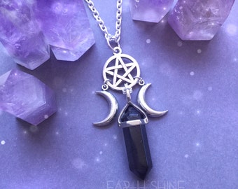 Crystal necklace, Witch Moon Pentacle necklace, triple goddess, wiccan jewelry, Amethyst, Opalite, Rose Quartz, Obsidian, you choose