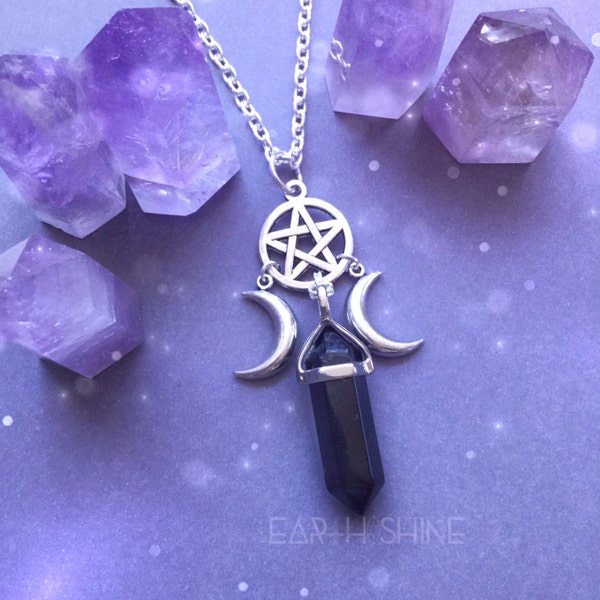 Crystal necklace, Witch Moon Pentacle necklace, triple goddess, wiccan jewelry, Amethyst, Opalite, Rose Quartz, Obsidian, you choose