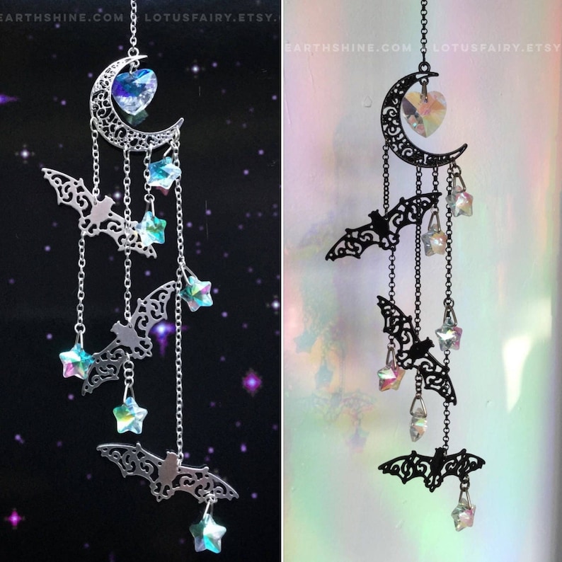 Moon Bat Suncatcher, Crystal Rainbow Spooky Goth Home Decor Witchy Gothic Gift, Two sizes to choose from image 1