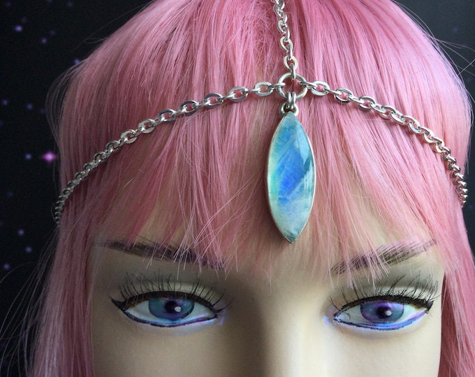 Green Rainbow Moonstone Head Chain, Lemurian Priestess, Boho wedding festival accessories, Hair jewelry