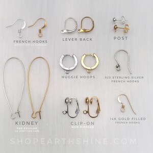 May include: Assortment of earring findings in silver and gold tones, including French hooks, lever backs, posts, huggie hoops, kidney wires, and clip-on styles. Text reads "French Hooks," "Lever Back," "Post," "Huggie Hoops," "Kidney," "Clip-On," and "14K Gold Filled French Hooks."