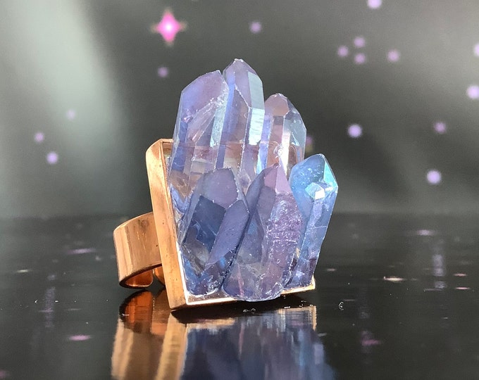 Copper Crystal Cluster ring, Blue Aqua Aura and Tanzine Aura Crystal Quartz druzy ring