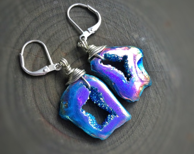 Wire wrapped Gemstone earrings, Rainbow Titanium agate druzy slice earrings, dark blue oil slick