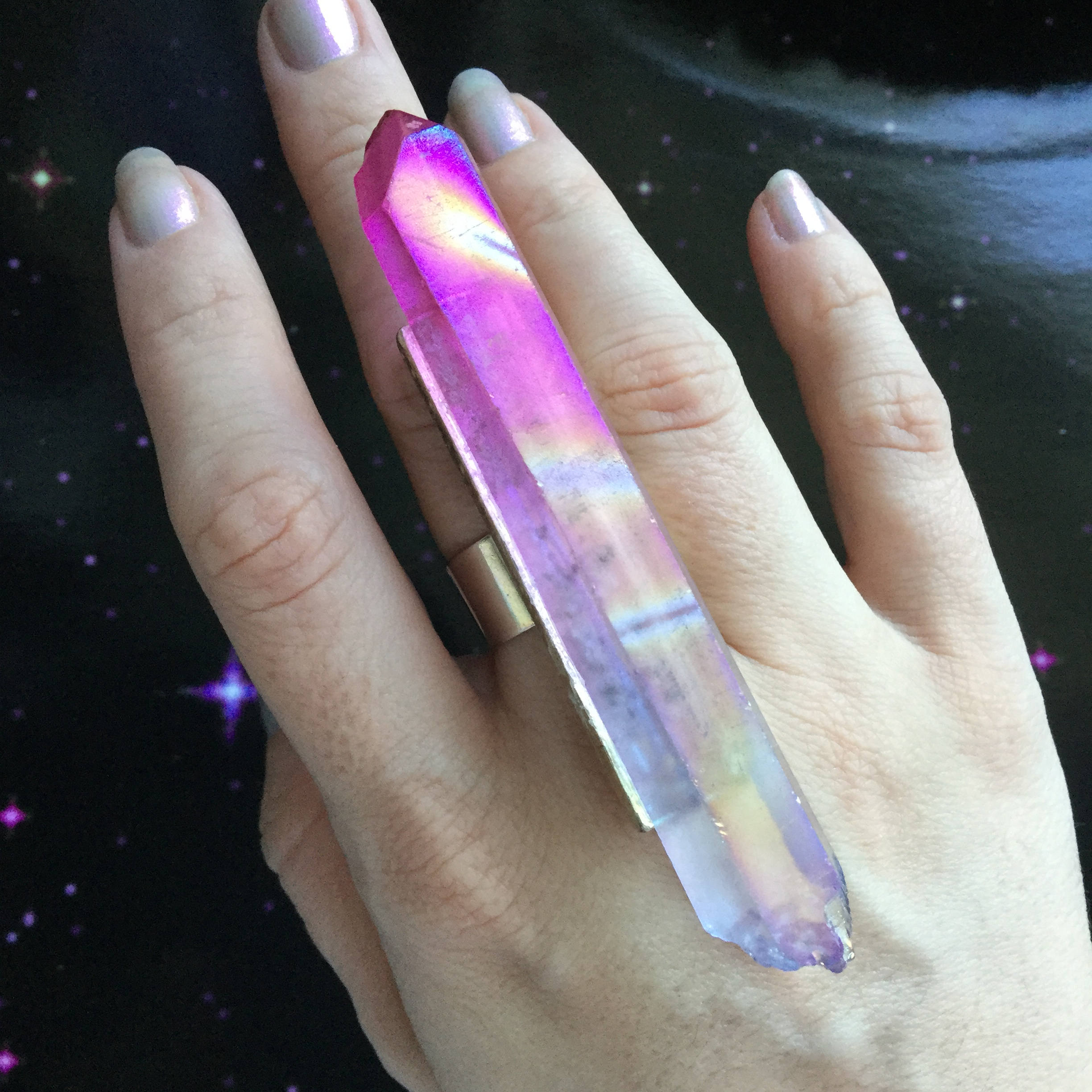 Crystal Ring, Large Aura Quartz, 3.5 Titanium Angel Aura, Adjustable ring