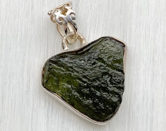 Moldavite Pendant, genuine Czech Tektite stone, sterling silver (R)