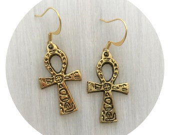 Ankh Earrings, Egyptian symbol, your choice of ear hooks or clip on, sold per pair (leave QTY as 1)