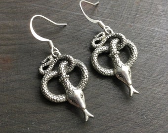 Snake Earrings, Serpent jewelry, in silver pewter or gold on your choice of ear hooks or clip on
