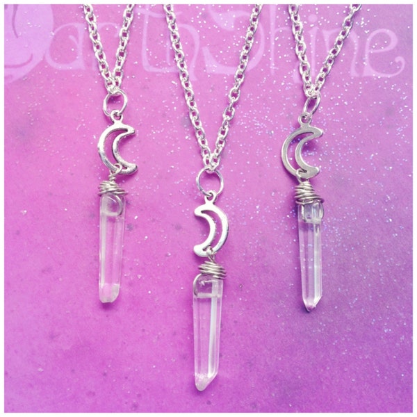 Crystal quartz moon necklace long 22 inch chain