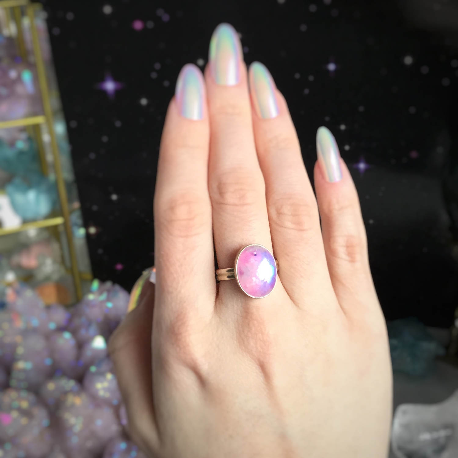 SALE Moonstone ring, Pink rainbow moonstone, size 5 crystal gemstone
