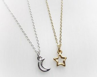 Moon and Star friendship necklaces, gift for girlfriends, small dainty jewellery, silver and gold options