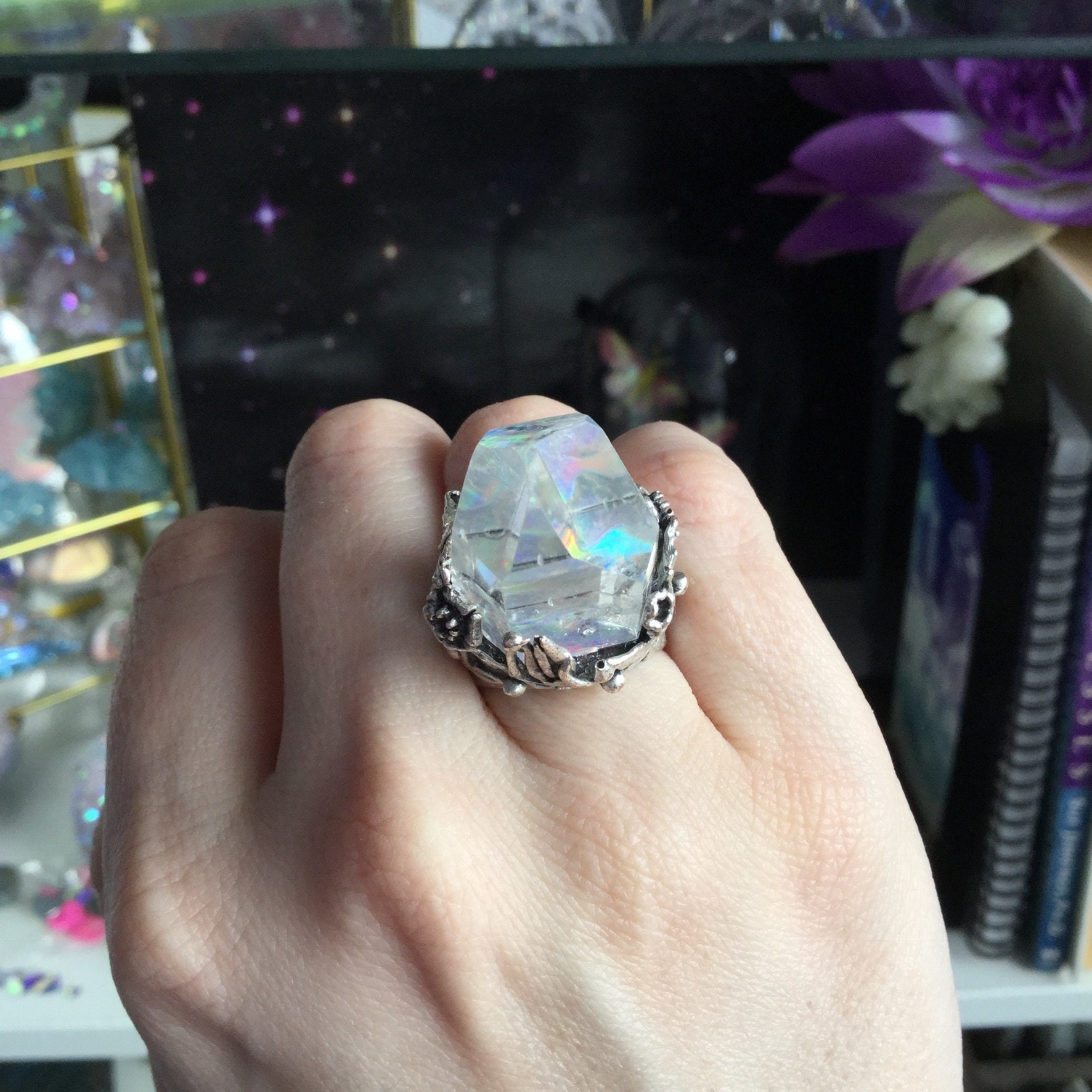Holographic Clear Quartz ring, adjustable ring