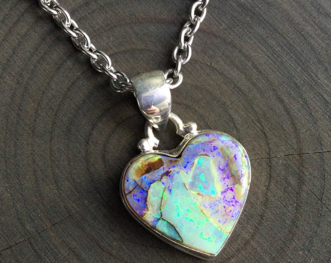 Monarch Opal Heart necklace, sterling silver pendant with stainless steel chain,
