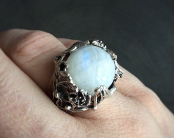 Moonstone Crystal Ball ring, Large ornate adjustable ring for men or women