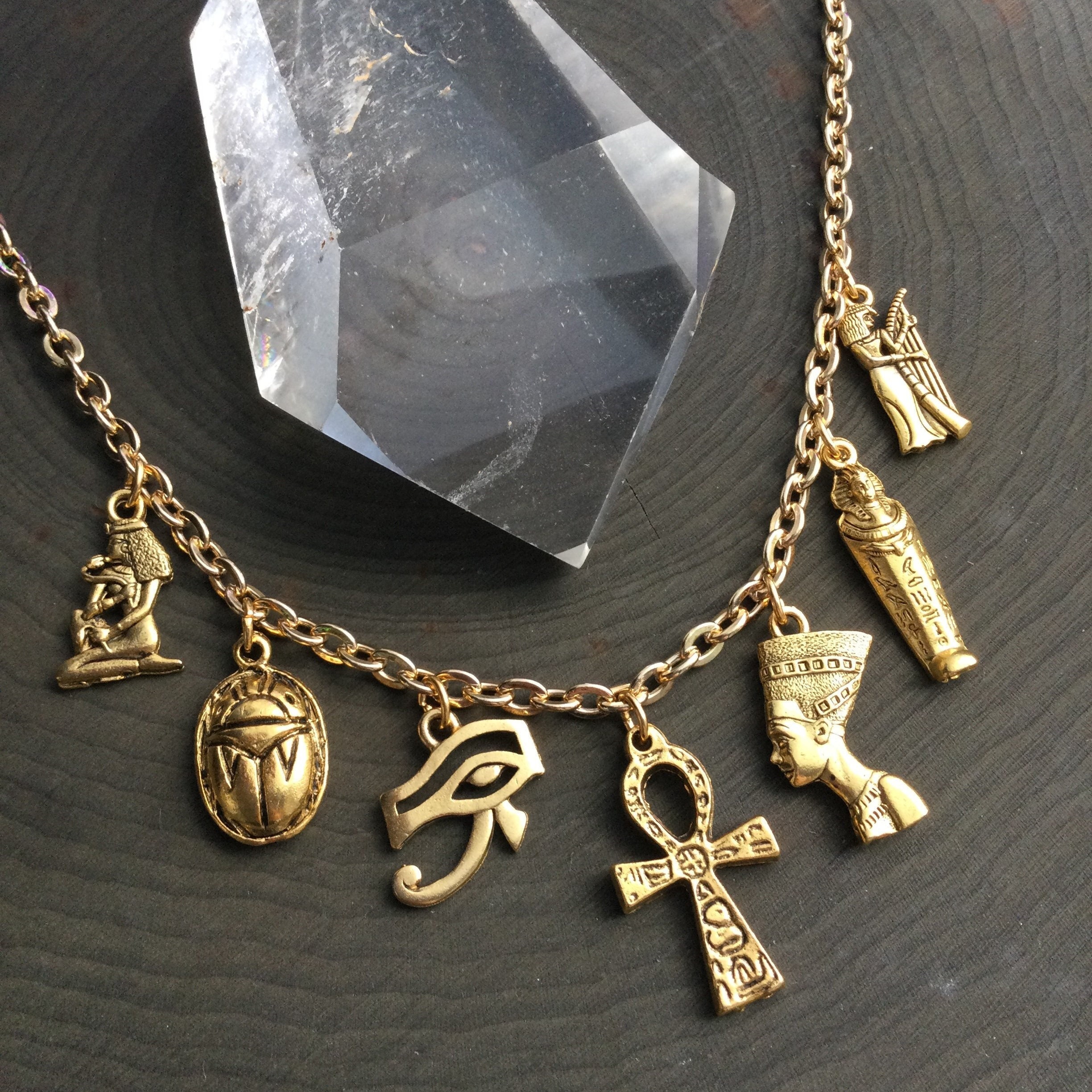Gold Egyptian necklace, Ankh, Nefertiti, Eye of Ra, Scarab, 24k plated charm necklace