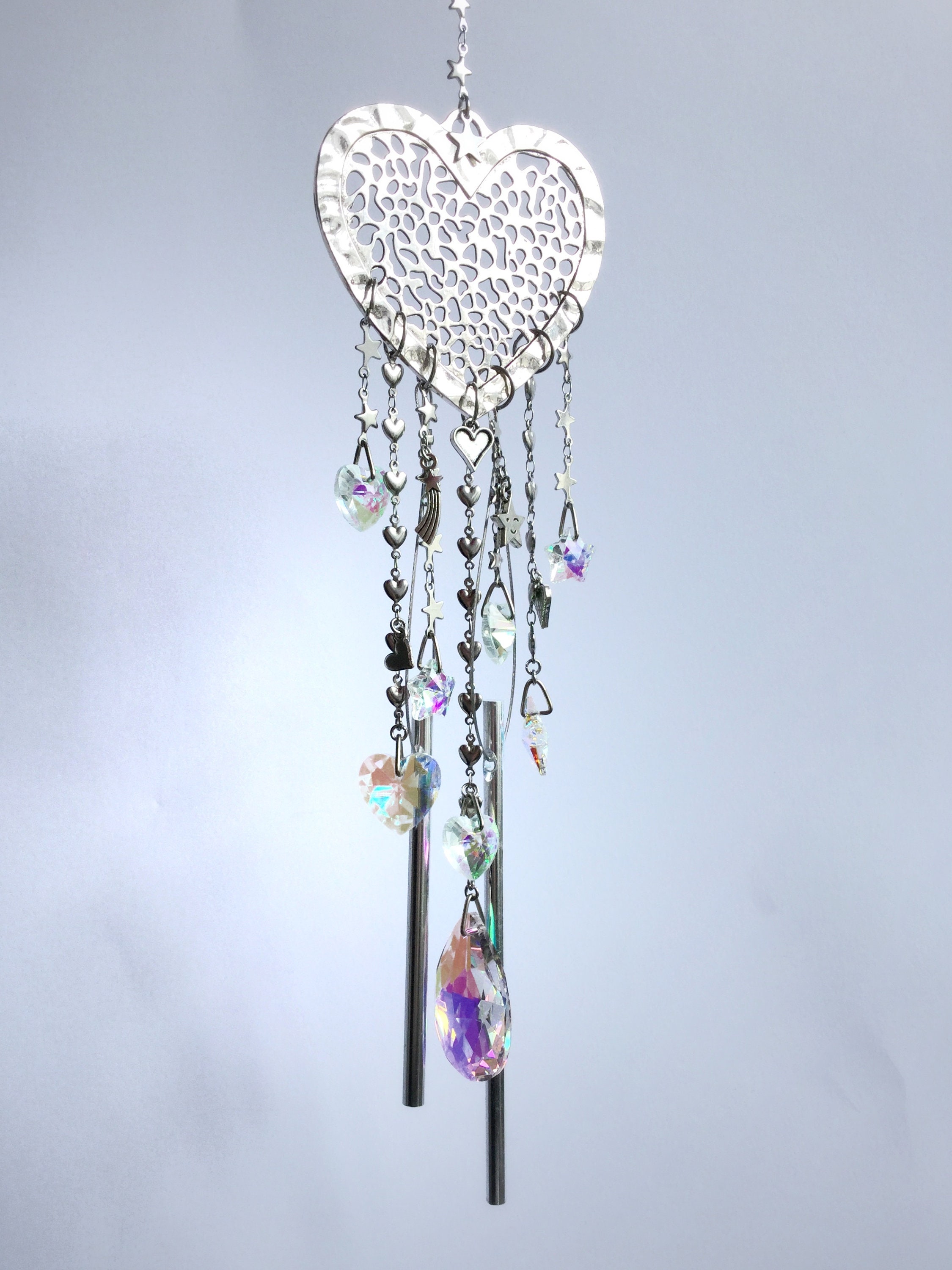 Heart Windchime, Crystal suncatcher heart and stars, unique handmade