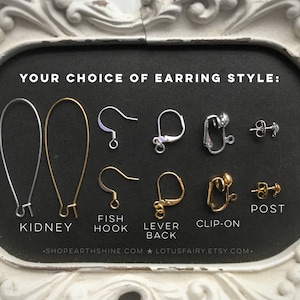 May include: A selection of earring styles, including kidney, fish hook, lever back, clip-on, and post, are displayed on a black background. The text "YOUR CHOICE OF EARRING STYLE:" is at the top. The image is framed in a white, ornate border.