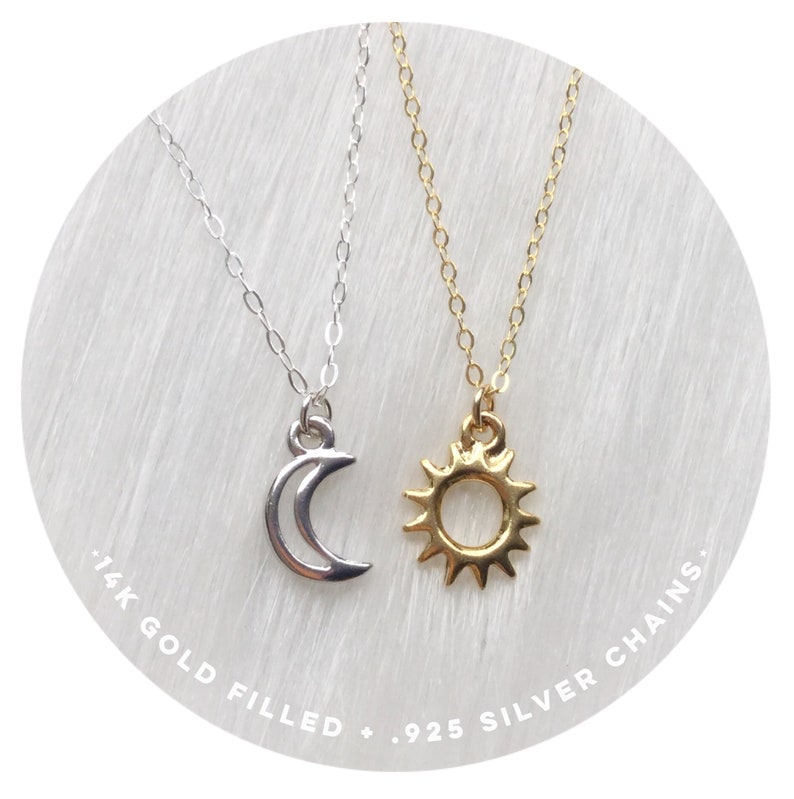 Moon or Star on dainty sterling and gold filled chains Silver and Gold Friendship necklaces your choice of Sun Set of Two